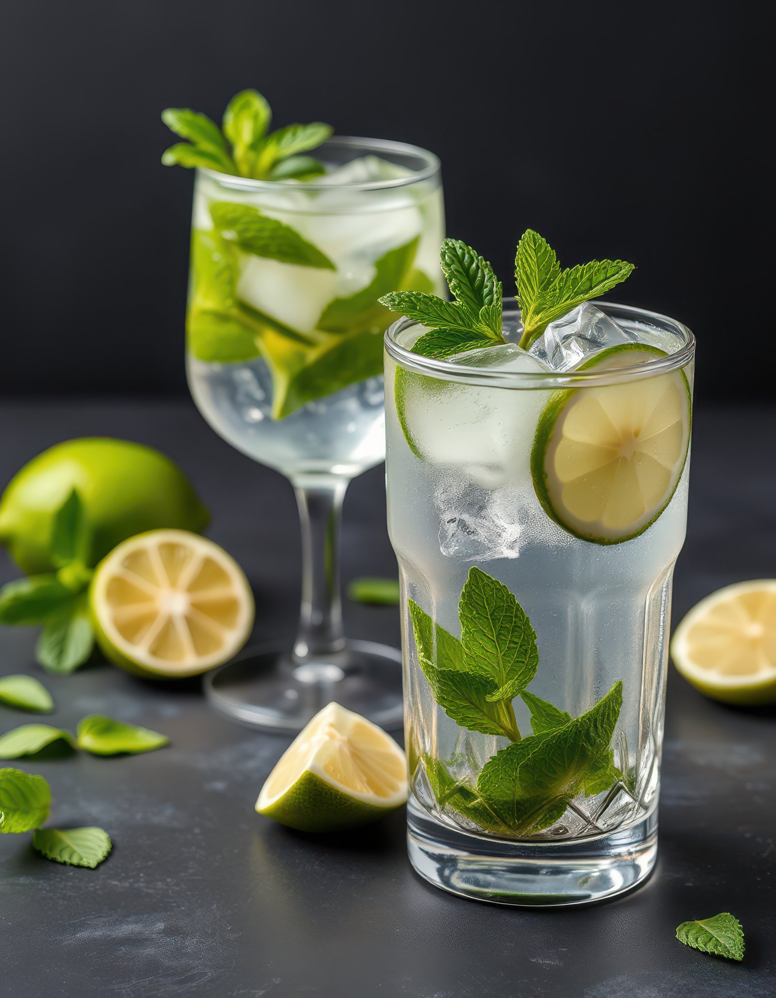 Refreshing cocktails with mint and lime on a dark background create a vibrant and inviting atmosphere for summer enjoyment